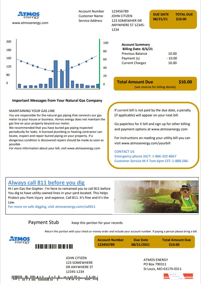 USA Virginia Atmos Energy utility bill template in Word and PDF format (.doc and .pdf)